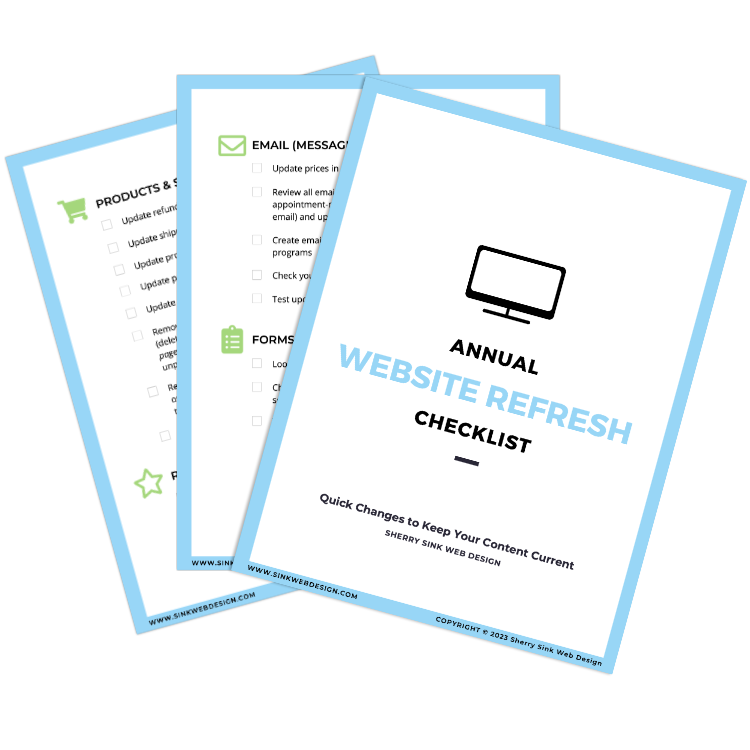 image of 3 pages from the Annual Website Refresh Checklist by Sherry Sink Web Design