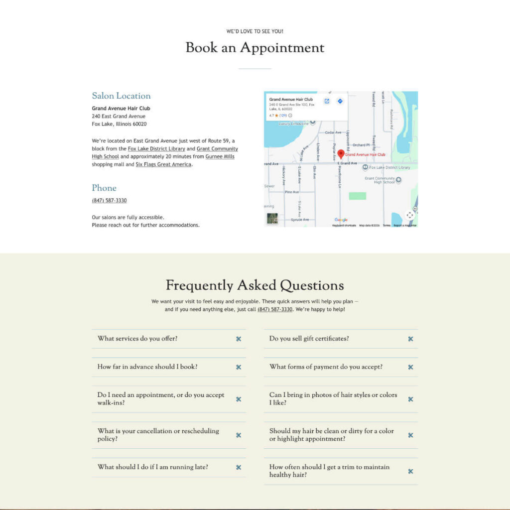 Grand Avenue Hair book appointment contact page