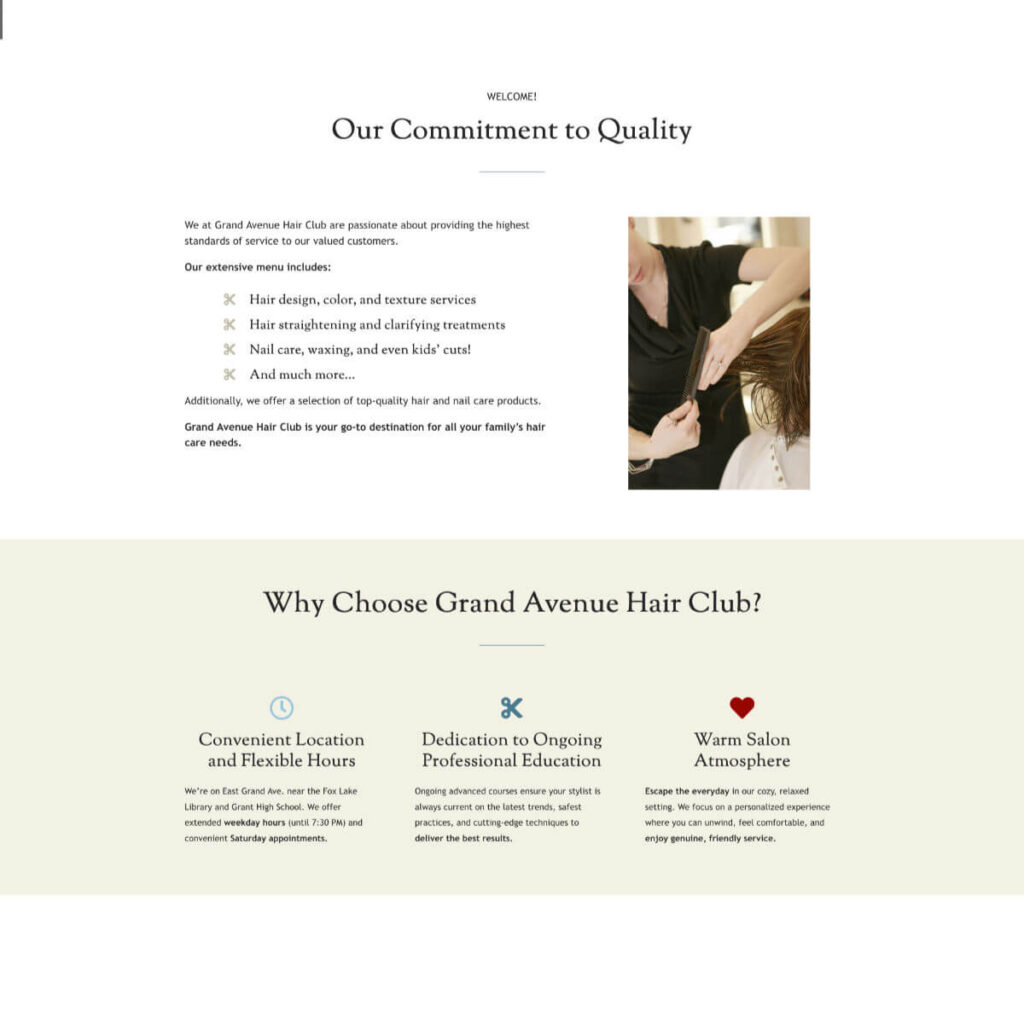 Grand Avenue Hair intro portion of home page