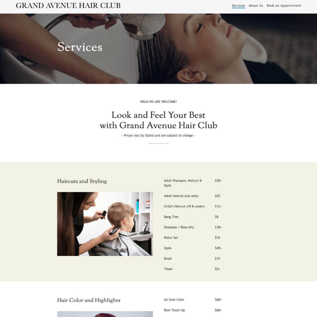 Grand Avenue Hair services page section 1