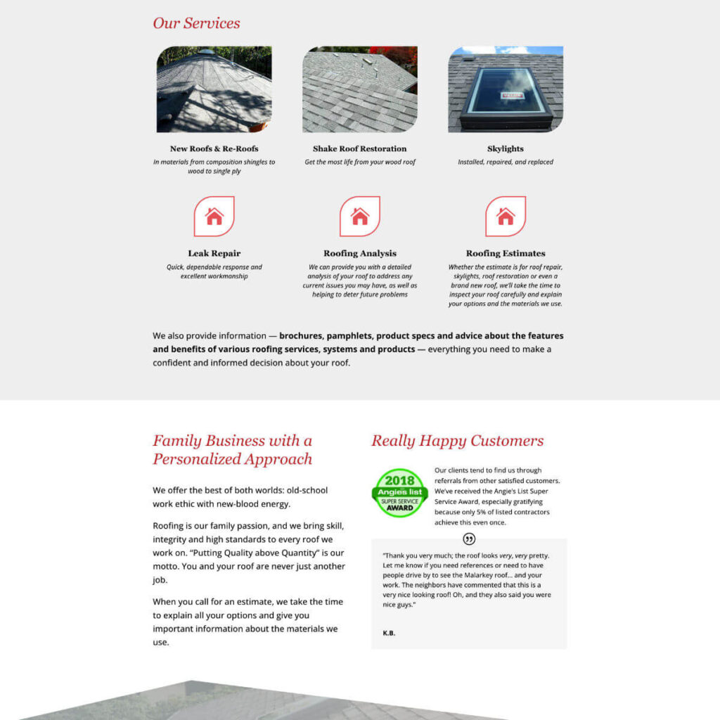 Gruwell Roofing portion of home page