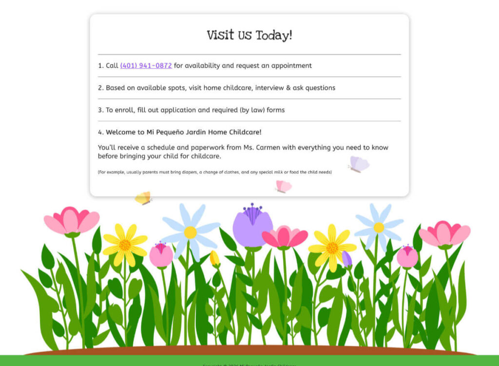 Mi Pequeño Jardín Childcare home daycare call to action section