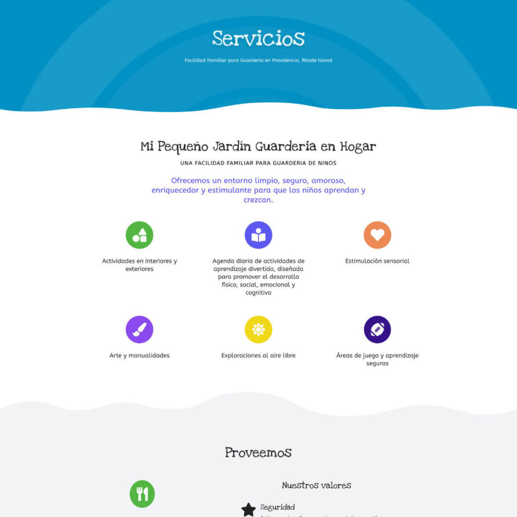 Mi Pequeño Jardín Childcare portion of services page in Spanish