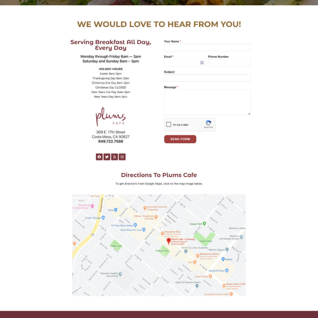 Plums Cafe contact page