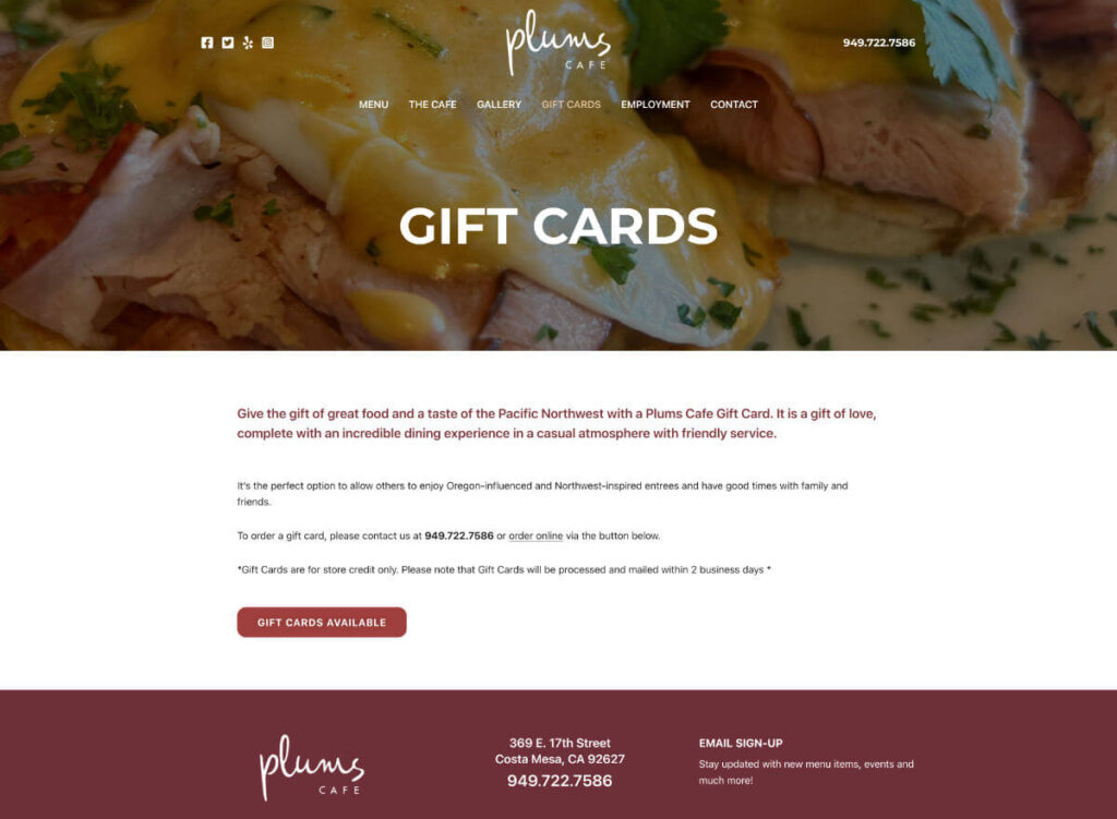 Plums Cafe gift cards page