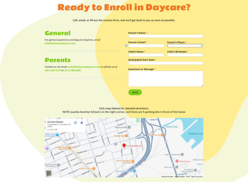 Lia Home Daycare - contact page