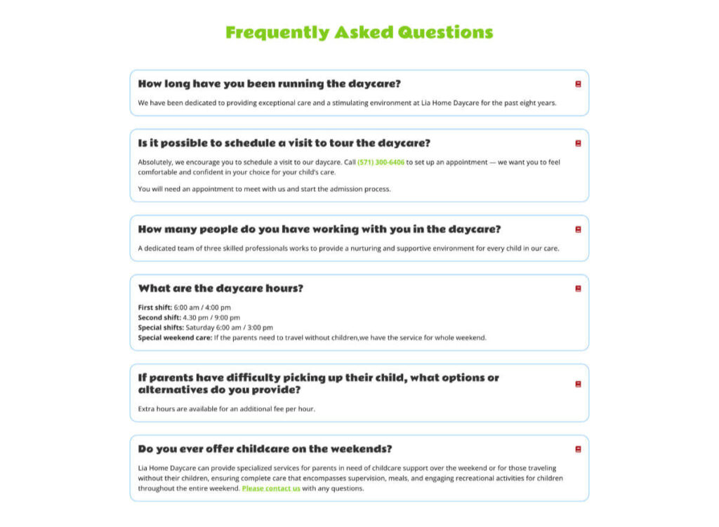 Lia Home Daycare - frequently asked questions (in English)