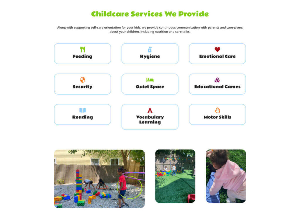 Lia Home Daycare - home page services section